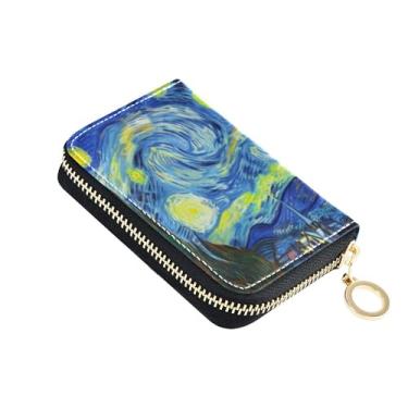 Imagem de Carteira feminina com porta-cartões com bloqueio de RFID, zíper ao redor de couro com zíper, carteira de viagem com chaveiro abstrato noite estrelada céu azul