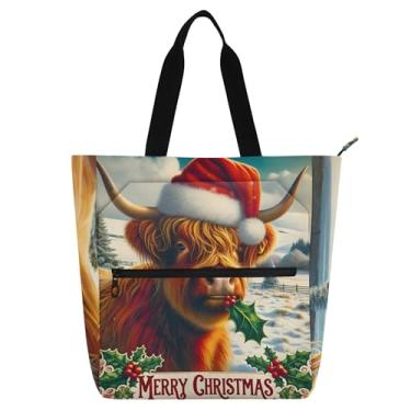 Imagem de GAIGEO Bolsa feminina Highland Cow Santa Christmas para trabalho, lona, faculdade, escola, presente, para amantes de livros