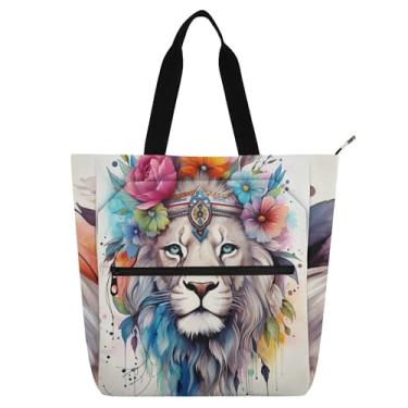 Imagem de GAIGEO Bolsa de trabalho feminina engraçada com leão floral, lona, faculdade, escola, bolsa carteiro com compartimentos