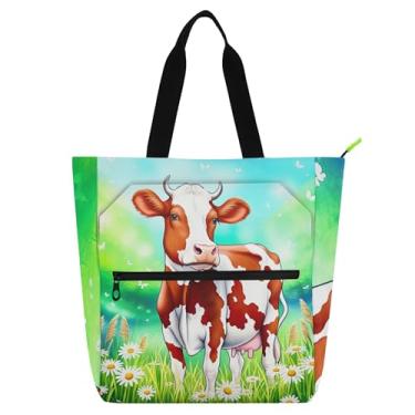 Imagem de Linda sacola feminina marrom branca de vaca para trabalho de campo de lona com zíper, bolsas para professores, presentes para amantes de livros