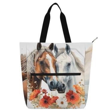 Imagem de GAIGEO Sacola feminina com estampa de cavalos e flores, para trabalho, lona, praia, livro, com zíper, bolsa infantil fofa com compartimentos