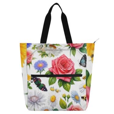Imagem de GAIGEO Sacola feminina aquarela flores primavera rosas para trabalho lona faculdade escola bolsas utilitárias bolsas de escritório amantes de livros
