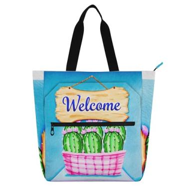 Imagem de Bolsa de trabalho azul com flores de cacto para mulheres, lona, praia, escola, bolsas, professores, livros, presentes