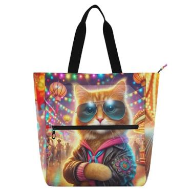 Imagem de GAIGEO Bolsa feminina divertida de gato legal para trabalho de lona bolsa de lona bolsas médias para escola universitária com compartimentos