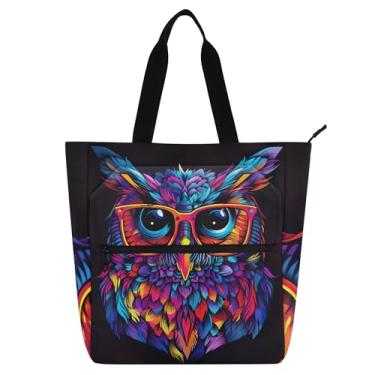 Imagem de GAIGEO Sacolas de trabalho coloridas de coruja para mulheres, lona, praia, livros, zíper, professores, bolsas, amantes de livros