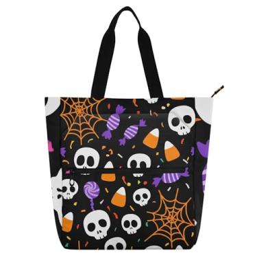 Imagem de GAIGEO Bolsas femininas de tecido de lona com caveiras de desenho animado de Halloween, faculdade, escola, viagem, presente para amantes de livros