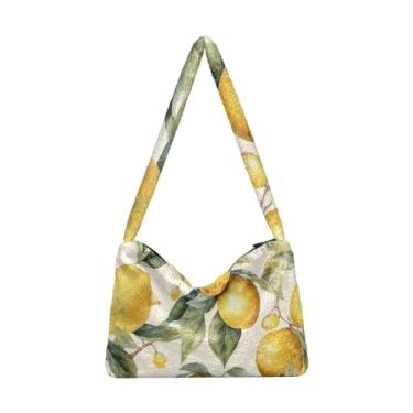 Imagem de GAIGEO Sacola de pelúcia floral de papoula vermelha com bandeira americana em aquarela para mulheres, bolsa feminina para uso ao ar livre, Limão verde amarelo, One Size