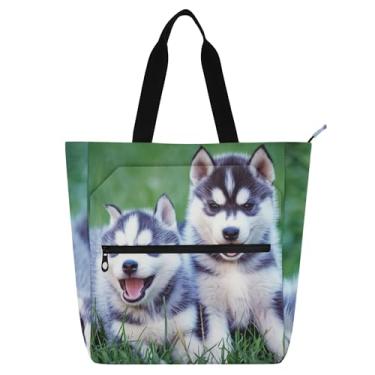 Imagem de GAIGEO Bolsa de trabalho feminina para cachorrinho husky siberiano com grama, bolsa escolar de lona com zíper, bolsas femininas infantis para amantes de livros