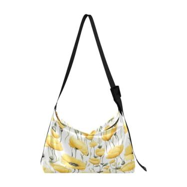Imagem de Bolsa tiracolo de couro vegano estilo sudoeste marrom e preto, bolsa Lady Hobo, bolsa de ombro de couro com zíper, Floral amarelo com papoulas brancas-3, One Size