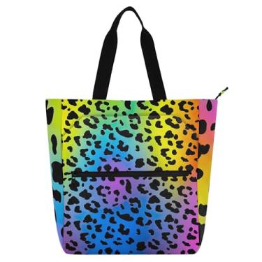 Imagem de Sacola feminina de lona preta com manchas de leopardo arco-íris para escola universitária bolsas fofas para crianças presente para amantes de livros