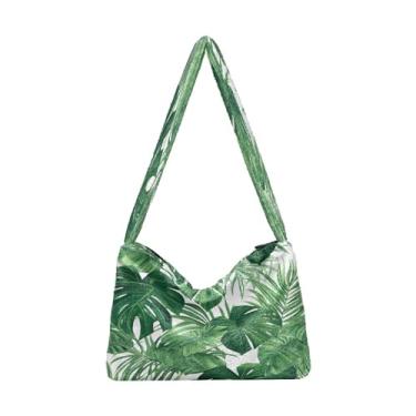 Imagem de Bolsa de ombro feminina preta com rosas e folhas florais, bolsa de ombro de tamanho médio, bolsas de outono, Folhas de palmeira tropicais verdes - 2, One Size