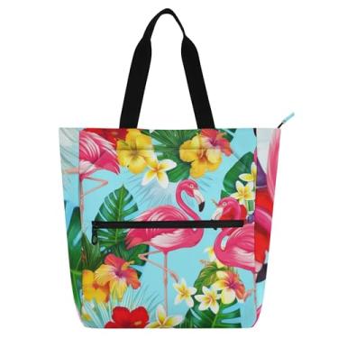 Imagem de GAIGEO Sacolas femininas de trabalho de flamingos rosa com flores tropicais, bolsas de tecido de lona, bolsas para professores de faculdade, escola, com compartimentos