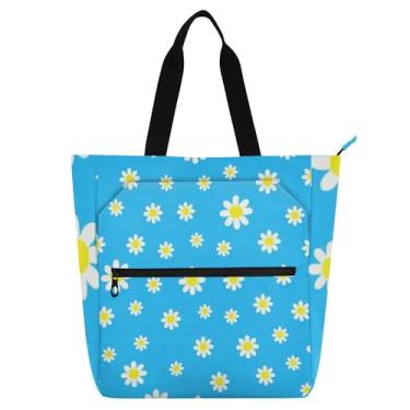Imagem de Daisies Bolsa de trabalho azul claro para mulheres, bolsa de lona para livros de praia com zíper, bolsas fofas, presente para amantes de livros