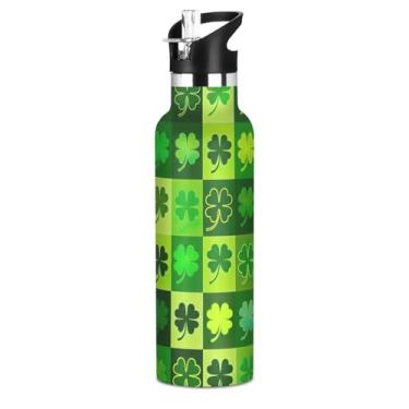 Imagem de Garrafas de água para adolescentes Green Squares Clovers Shamrocks com tampa de palha, garrafa de água isolada de aço inoxidável, livre de BPA, copos infantis à prova de vazamento para escola, viagens