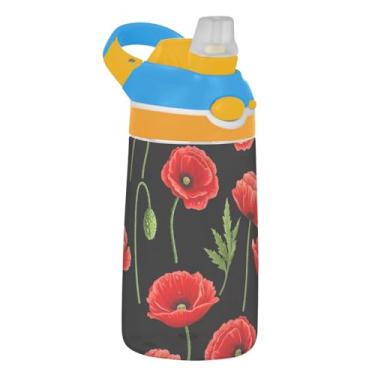 Imagem de Garrafa de água Tritan de 473 ml para crianças reutilizável garrafa de água esportiva de 473 ml com canudo copo infantil portátil à prova de vazamento, alça de transporte, flores vermelhas pretas