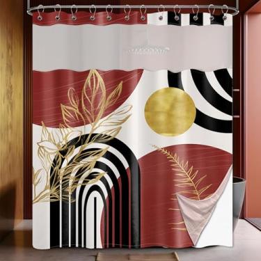 Imagem de Bxpaitx Cortina de chuveiro preta e vermelha Boho transparente com janela, cortina de chuveiro masculina de camada dupla MCM vermelho escuro com forro de encaixe com ímãs, tecido de tecido impermeável