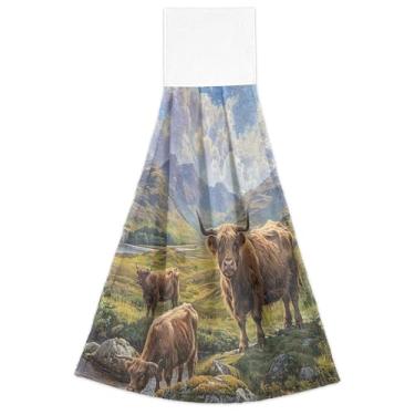 Imagem de Joitme Toalhas de mão Scottish Highland Cows Mountains com laços para pendurar toalhas de forno altamente absorventes conjunto de 2, toalha de cozinha para decoração de casa 46 x 35 cm