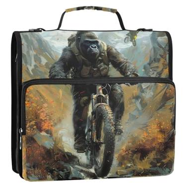 Imagem de Fichários de 3,8 cm (1 1/5.1 cm) 3 anéis Gorilla Riding Mountain Bike Zip Up Bolsa organizadora de fichário com alça para armazenamento escolar profissional estojo portfólio com alça