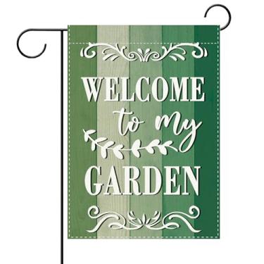 Imagem de Terkki Welcome To My Garden Bandeira de jardim decorativa verde, decorações externas de quintal pequeno presentes de jardinagem, amante de plantas de jardinagem, serapilheira rústica para casa de