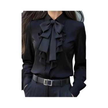 Imagem de Blusa feminina formal de manga comprida com gola e laço e babados - NO