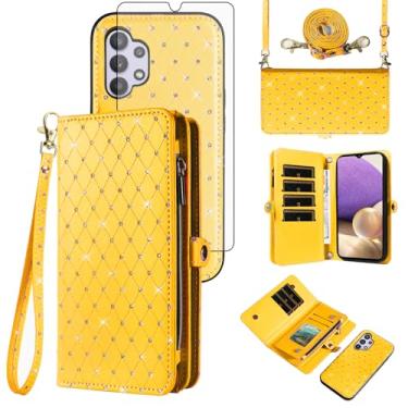 Imagem de Capa de celular para Samsung Galaxy A32 5G 2021 16.5 cm carteira com zíper destacável com protetor de tela, compartimento para cartão flip glitter M32 G5 A 32 32A S32 SM-A326U A326U A326U feminino