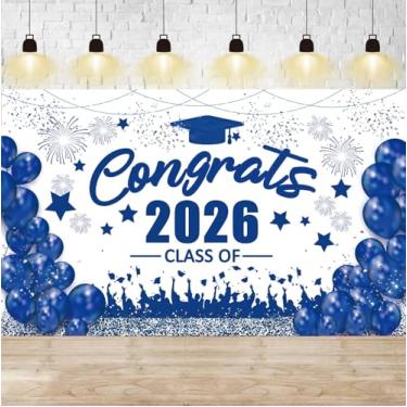 Imagem de Banner de decoração de formatura azul Congrats Class of 2026 - pano de fundo de formatura grande, faixa de parabéns azul e branco, decorações de festa de graduação classe de 2026-182 x 111 cm