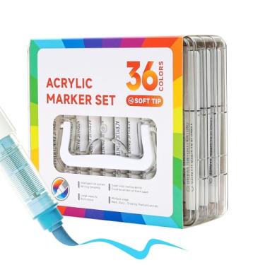 Imagem de Yolaka Marcadores de tinta acrílica de 36 cores, canetas de tinta acrílica com ponta de pincel macio para papel, pintura rupestre, vidro, canecas, tecido, conjunto de marcadores de desenho à base de