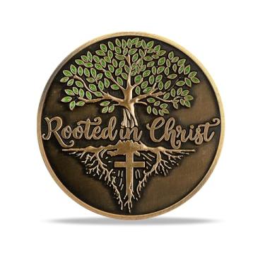 Imagem de RYUKENLM Moeda Desafio Cristão Rooted in Christ Árvore da Fé Colossenses 2:7 Verso da Bíblia Token Presente Religioso Inspirador para Homens e Mulheres
