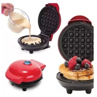 Imagem de Mini Máquina de Waffles Elétrica, Vermelha, Antiaderente, 220V, para Casa e Cozinha, Preparo Automático de Waffles e Panquecas