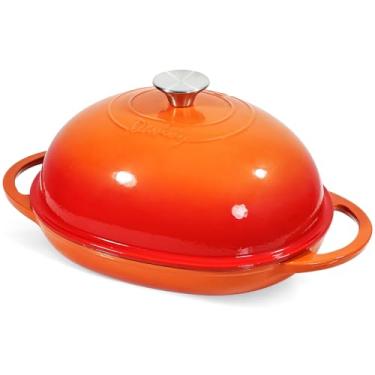 Imagem de Davivy Forno holandês oval esmaltado de 6 litros para assar pão de fermento com tampa, forma oval de ferro fundido com tampa, assadeira de fermento de ferro fundido, com luvas de silicone - laranja
