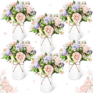 Imagem de Domensi 6 conjuntos de peças de centro florais de casamento para decoração de mesa, buquê de flores de seda de peônias artificiais com espuma de flores e vaso de metal, arranjo floral falso para chá