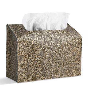 Imagem de Hennaja Capa de couro para caixa de toalha de mão de papel descartável, compatível com toalha de mão de papel Kleenex (1-esculpido Cooper Dourado)