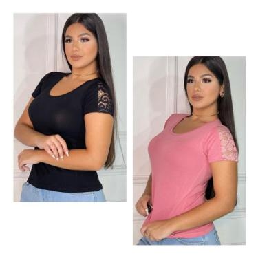 Imagem de Kit 02 Blusas detalhe de renda manga curta - GK TODA BELA, Preto, Rose