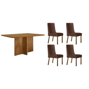 Imagem de Sala Jantar Mesa Berlim Tampo Curvo 120cm+4 Cadeiras Dakota Madeira Naturale - Capuccino/Suede Marrom - Rufato