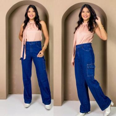 Imagem de Calça Cargo Jeans Blogueirinha Juvenil Com Regulagem Com Bolsos Latera