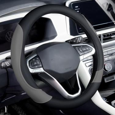 Imagem de Capa de volante de carro, capas de volante de couro napa preto e cinza, universal de 35 a 38 cm, antiderrapante, protetor de volante respirável para mulheres e homens