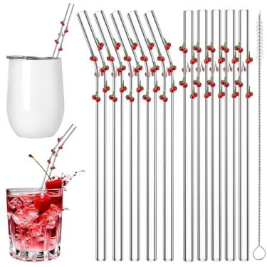 Imagem de Yoande 10 Pcs Cherry Icon Glass Drinking Straws Cute Reusable Straws Glass Brush Clear Drinking Sucker Spring Party Decor Bachelorette Decor Bridal Engagement Drinkware
