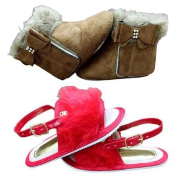 Imagem de Kit Pelúcia Menina, Botinha e Sandália de Pelúcia Bicho de Pé, 17, Beg