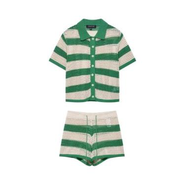 Imagem de Conjunto De Verão Feminino De Malha Com Camisa Listrada E Shorts, Com 