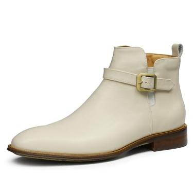 Imagem de Botas masculinas de couro genuíno com zíper lateral e tira de fivela, forro de pele de porco, confortável, elegante para uso casual e de negócios, Off-white, 8