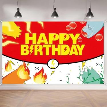 Imagem de Jogo de monstro de desenho animado, cenário de feliz aniversário, decoração de festa com tema vermelho amarelo para crianças, artigos de fundo, cenário de aniversário, foto de fundo - 59 x 39