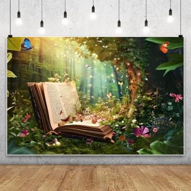 Imagem de Nihilar Pano de fundo de floresta encantada de 2,1 x 1,5 m, madeiras mágicas com borboletas, flores e fundo de livro antigo, para festas de contos de fadas, eventos infantis, decorações de festa de