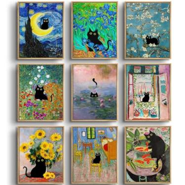 Imagem de 9 peças de arte de parede de gato preto engraçado gatos em pinturas famosas pôsteres galeria vintage decoração de parede imagens estéticas animais florais em tela eclética fofa e elegante decoração de