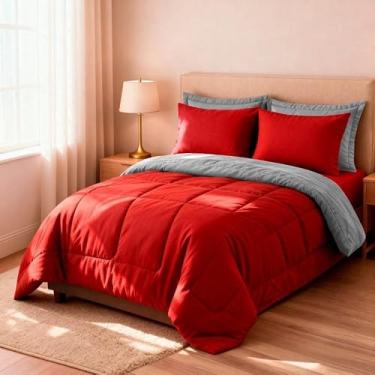 Imagem de Jogo de Cama Edredom Casal Queen 6 Peças Dupla Face Super Macio Premium para Casa(Vermelho e Cinza)