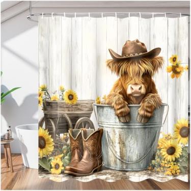 Imagem de Pardick Cortina de chuveiro, Western Highland Cow, girassol, impermeável, conjunto com 12 ganchos, cortinas de chuveiro de tecido poliéster para banheiro, banheiras, barracas, decoração de casa, 183 x