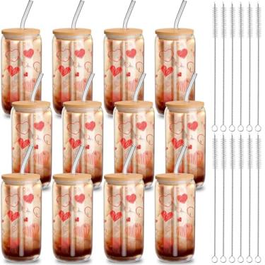 Imagem de Yetene 12 conjuntos de copos de vidro de corações vermelhos, copos de copo de dia dos namorados de 473 ml com tampas de bambu e canudos em forma de lata, copos de vidro transparente para café gelado