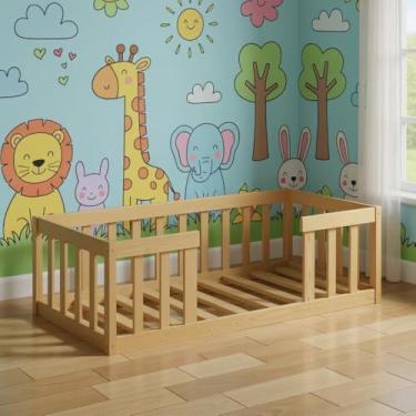 Imagem de Cama de Chão com Cercadinho Infantil Solteiro Montessoriana - Nogueira
