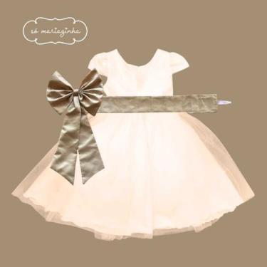 Imagem de Vestido longo Off White com Faixa e Laço DOURADO Infantil Festa elegân