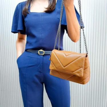 Imagem de Bolsa de couro legítimo transversal com alça de corrente Cor:Caramelo 