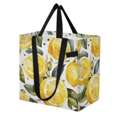 Imagem de SEHANY Sacolas de compras reutilizáveis de verão limão com alças reforçadas, bolsa de compras de lona dobrável à prova d'água de grande capacidade para viagem, cozinha, praia